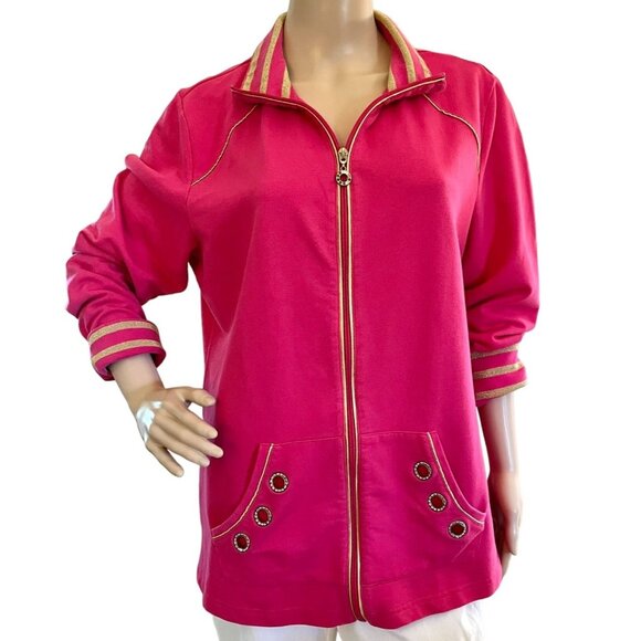 Quacker Factory Pink Zip-Up Jacket With Gold Accents Large Long Sleeves - Picture 1 of 14